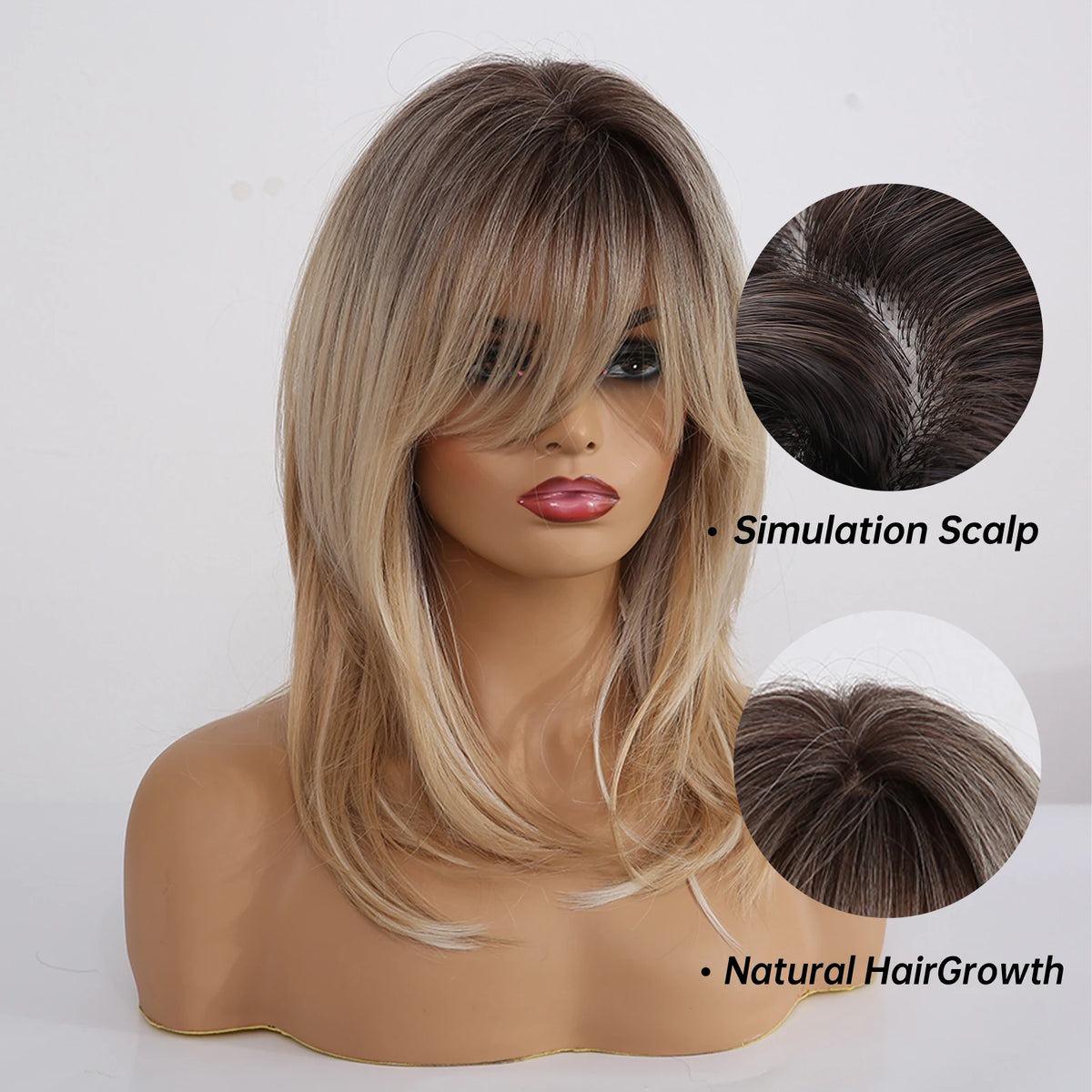 Halloween Wig TopShe Long Natural Wave Wig with Bangs for Woman Blonde Wig with Dark Roots Synthetic Wig Heat Resistant Fiber Loose Wave Medium Length Layered Ombre Blonde Highlights Cosplay Party Wigs