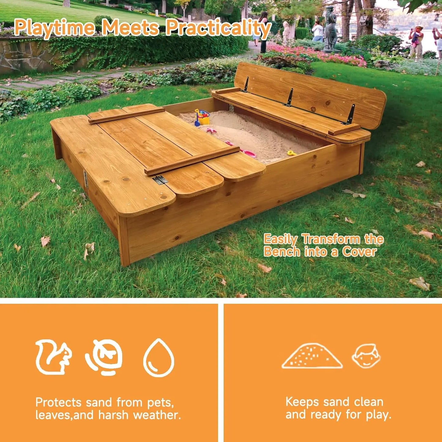 Large Wooden Kids Sandbox with Lid - Outdoor Sand Box for Kids with Cover Sand Protection, Foldable Bench Seats and Bottom Liner