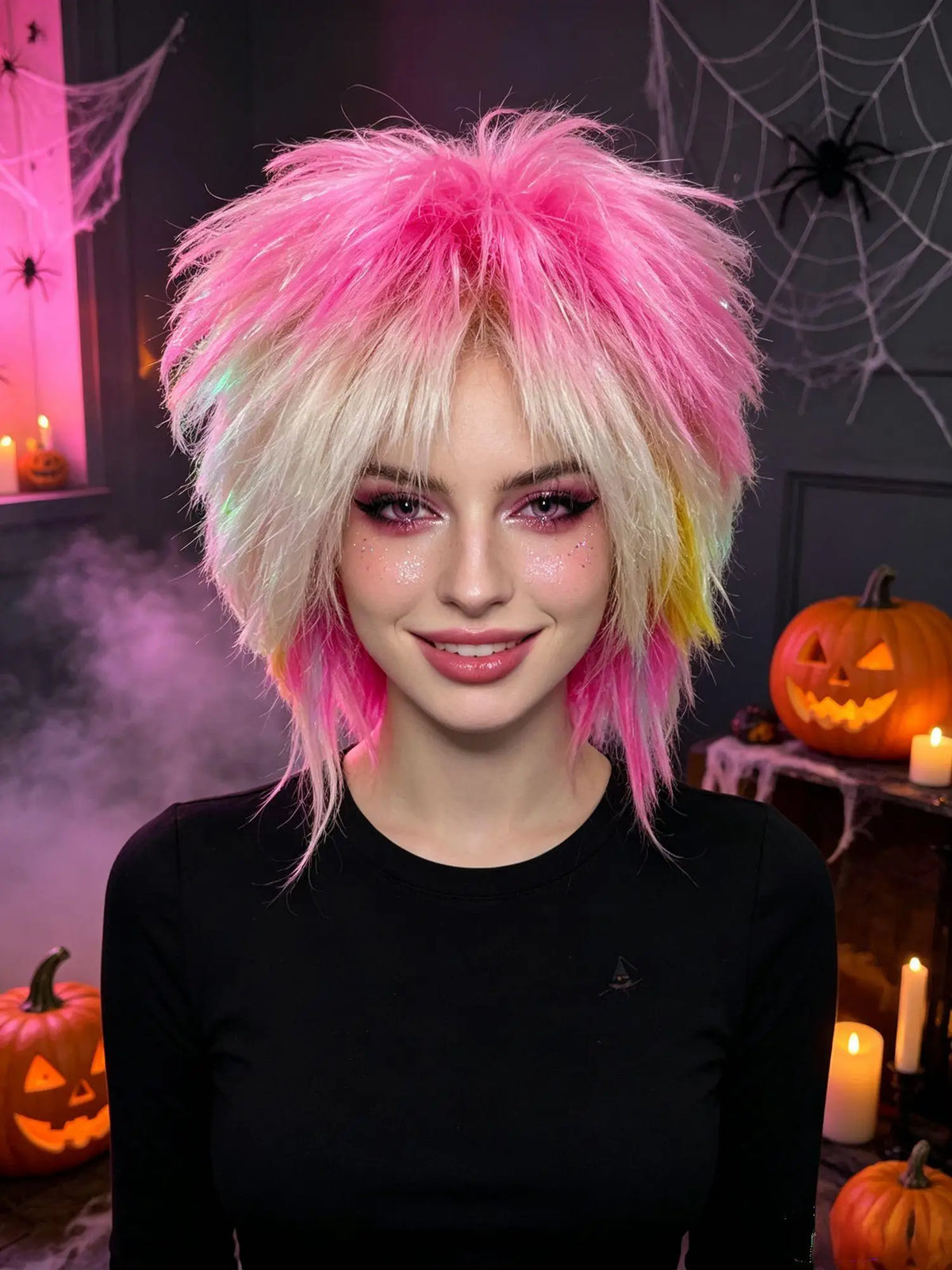 Rainbow Mohawk Wig Synthetic Short Spiky Punk Tinsel Glitter Ombre Costume Wig Halloween Cosplay Party Carnival 80s Rock
