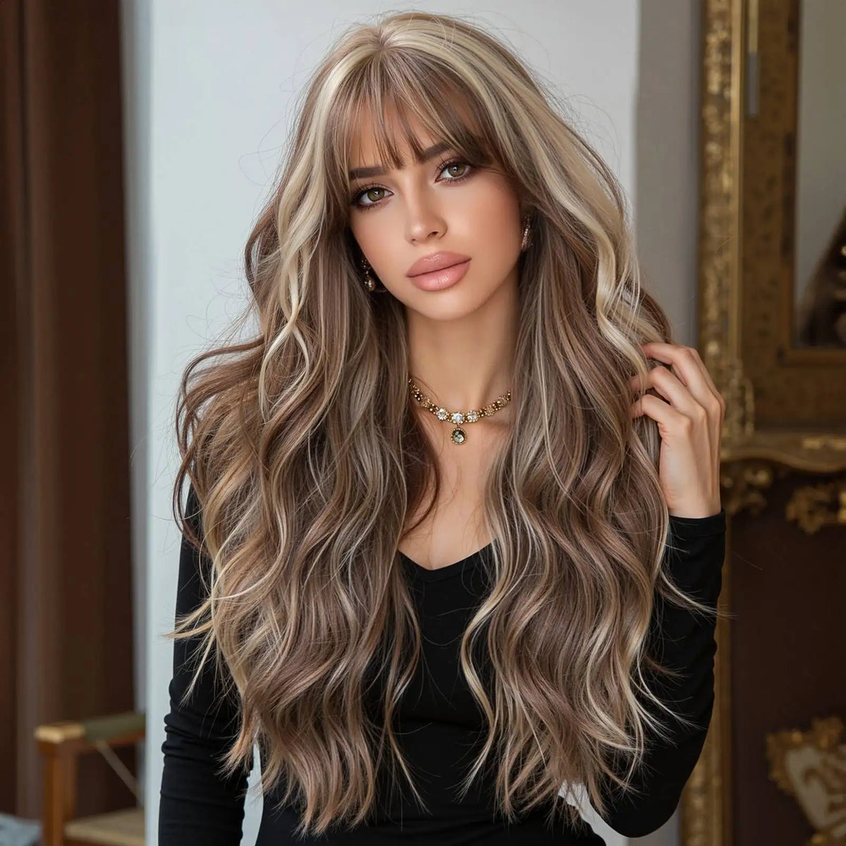 Halloween Wig 26-Inch Long Wavy Synthetic Wig Black and Blue Highlights Heat Resistant Wig for Women Black Wig with Blue Highlights Chemical Fiber Hair with Bangs Face Framing Cosplay Costume Party Goth Anime Daily Wear Soft