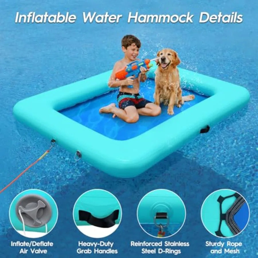 Rectangle Floating Ring 6FT/6.6FT Inflatable Water Hammock Pool Floats for Adults Sunbathing Platform Raft in Blue Durable PVC