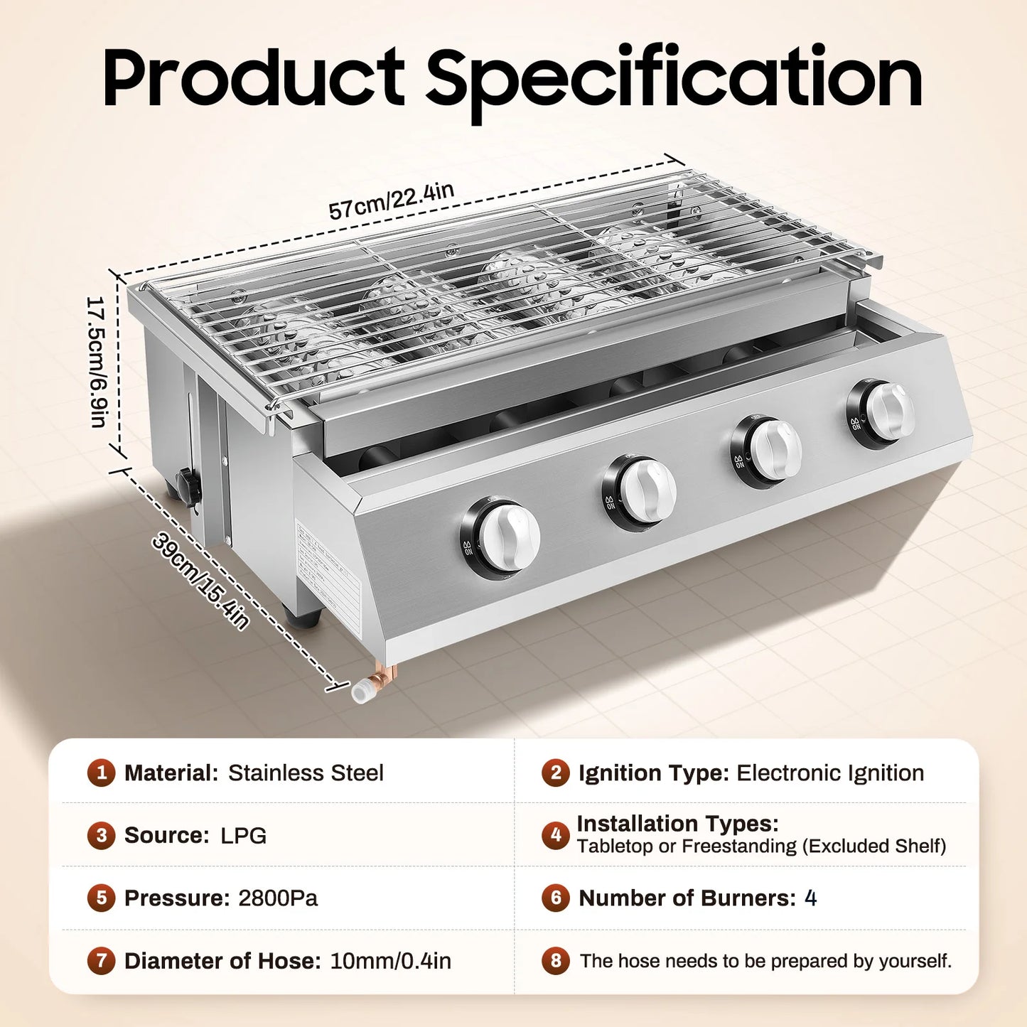4 Burners BBQ Propane Gas Grill Removable Smokeless Barbecue Grill Portable BBQ Grill for Outdoor Patio Garden