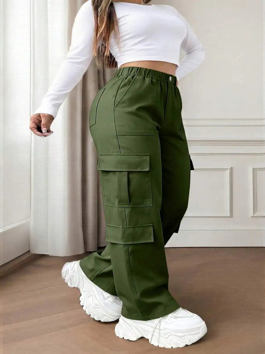 Olive Green Button Pocket Elegant Casual Commute Minimalist Cute Y2K Loose Straight Leg Non-Stretch Lightweight Plus Size Cargo