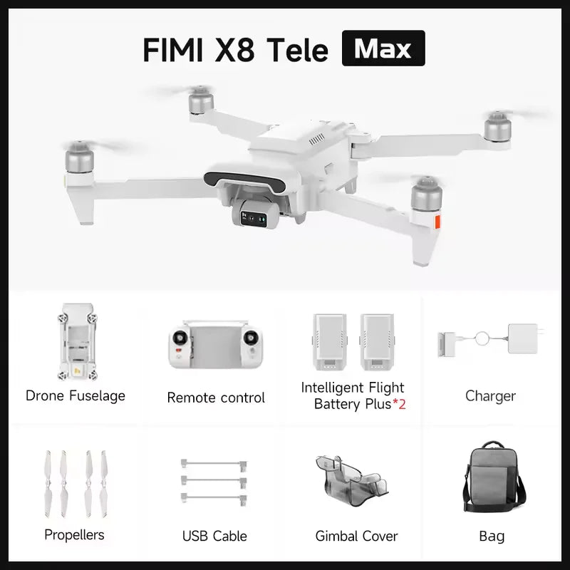 FIMI X8 Tele Max 4K Professional Drone Wide-Angle Tele Camera 30x Hybrid Zoom 3-axis Gimbal AI Super Night Video RC Quadcopter