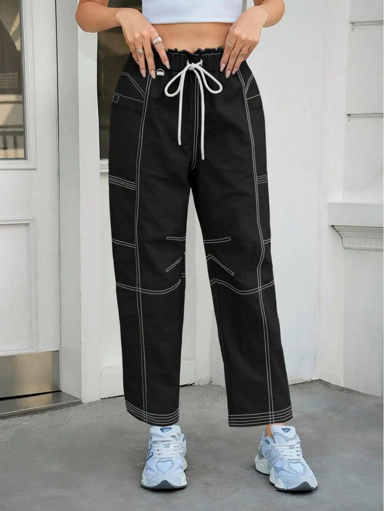 Women's Baggy Cargo Joggers With Pockets - Elastic Waist Lounge Pants  Loose Fit Casual Streetwear Sweatpants Hiking Track Pants
