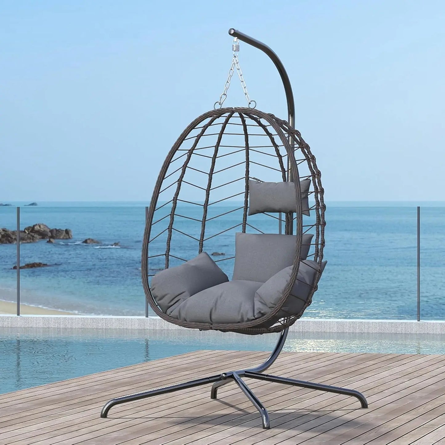 Egg Chair with Stand, Swinging Egg Chairs Outdoor Indoor, Hanging Basket Chair with Cushion, Patio Wicker, Customized