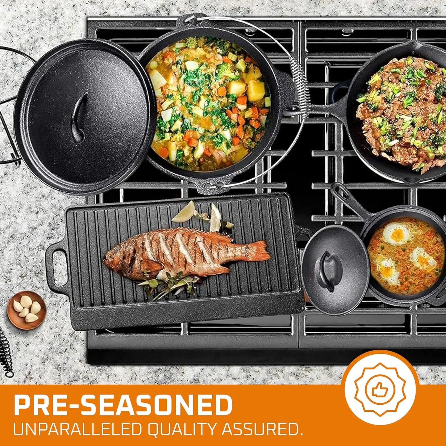 Camping Cooking Set Of 7. Pre Seasoned Cast Iron Pots And Pans Dutch Oven With Lids For Outdoor