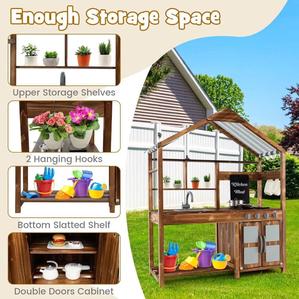 Mud Kitchen with Canopy, Fir Wood Play Kitchen for Toddlers, Garden Sink, Stoves, Chalkboard, Storage Cabinet, Customized