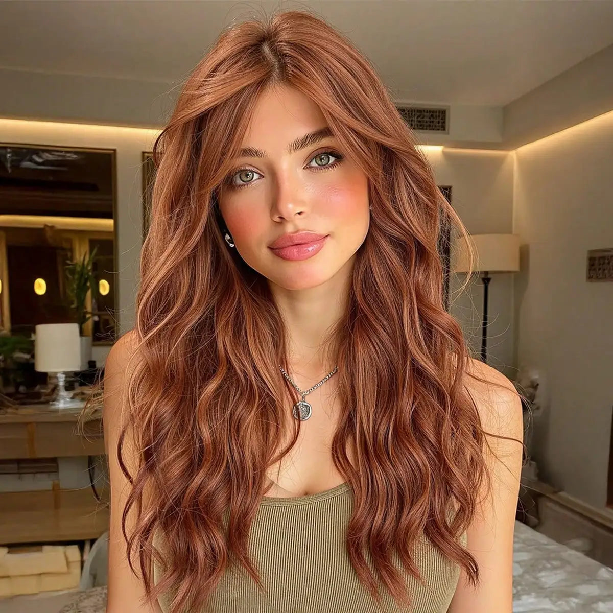 Halloween Wig TopShe Long Wave Rust Brown Wig for Woman Synthetic Wig Copper Brown Heat Resistant Fiber with Layered Comfortable Breathable Suitable for Daily Gatherings Female Role-Playing Wig Hairstyles