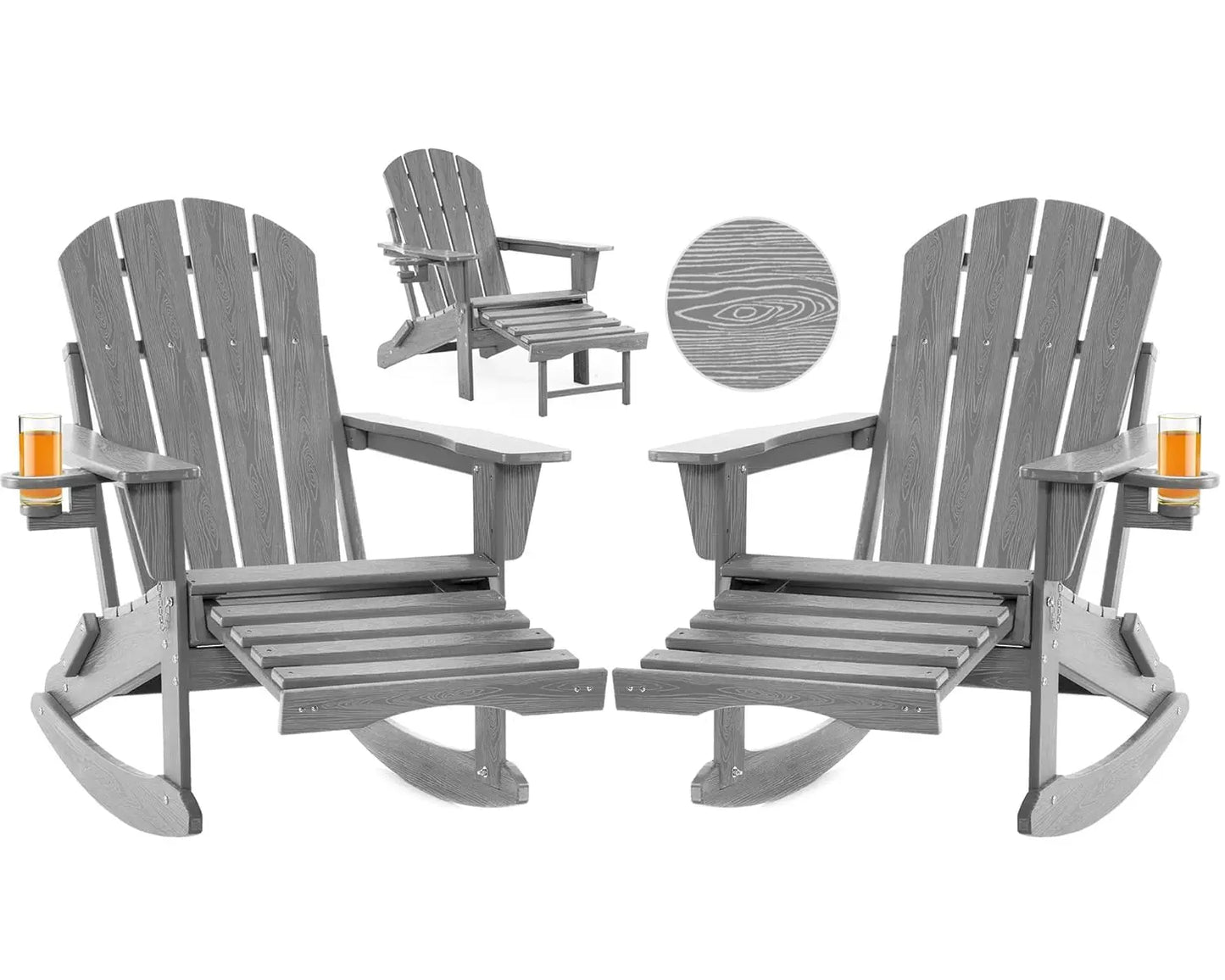 Folding Adirondack Rocking Chair Set of 2,4-in-1 Multifunctional Patio Chairs with Retractable Ottoman, Outdoor, Customized