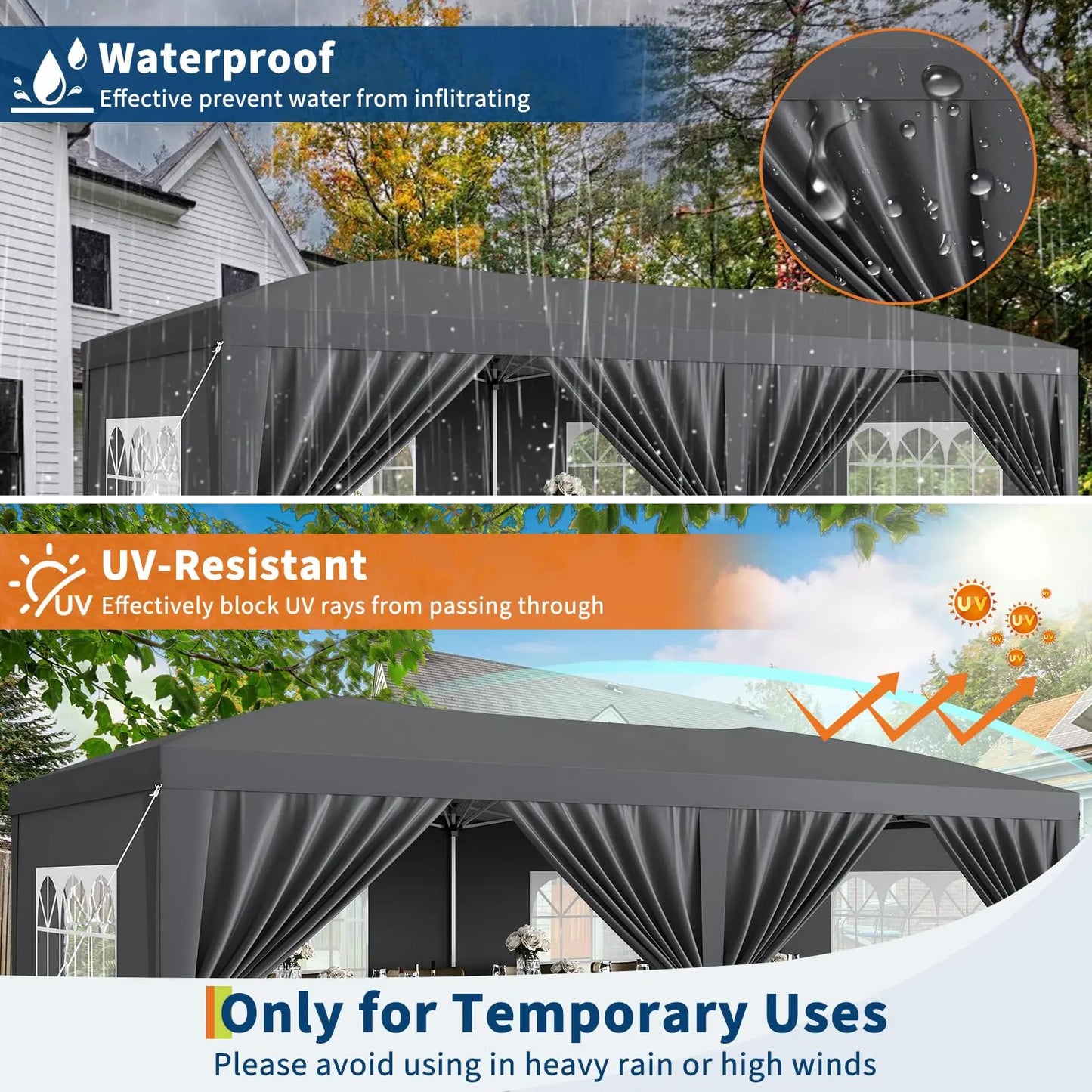 10x20 Pop Up Canopy Tent With 6 Removable Sidewalls, Heavy Duty Commercial Canopy, Waterproof Party Tent, 3 Heights