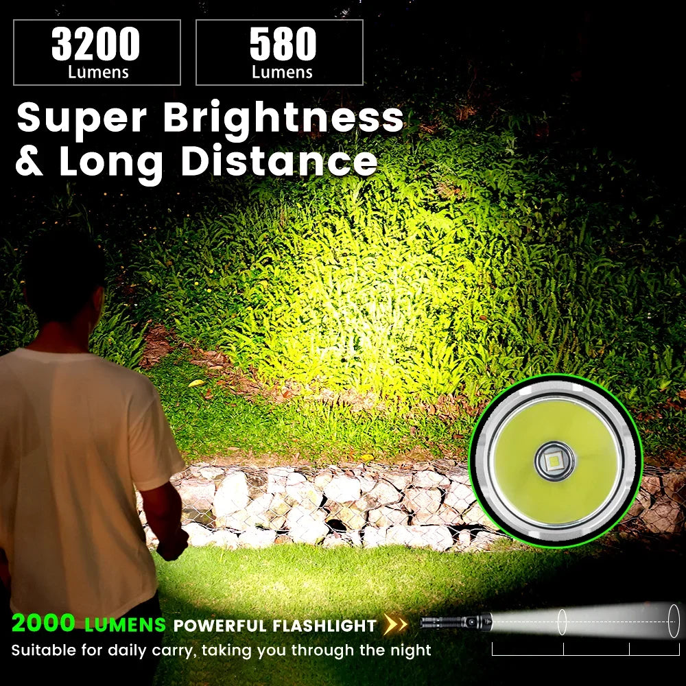LED 3200lm Tactical Flashlight 21700 Rechargeable Powerful Torch 580M Long-Range With Spotlight
