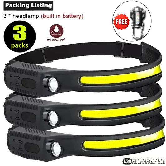 Induction Headlamp COB+LED Head Flashlight Built in Battery USB Rechargeable Outdoor Waterproof Camping Fishing Work Lantern