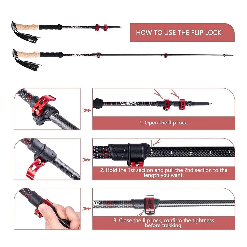 Naturehike Trekking Poles 2 Poles Ultralight Carbon Fiber Walking Sticks Outdoor Folding Portable Climb Hiking Telescopic Poles