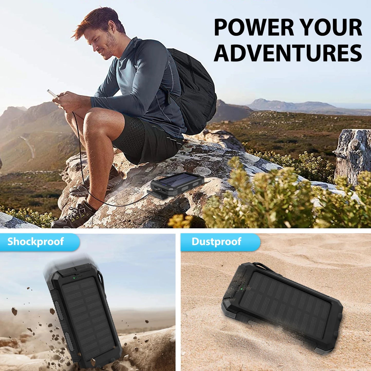 30000mAh Solar Power Bank Portable Dual 5V USB Ports 2 LED Light Flashlight Fast Charging for iPhone Samsung Tablets