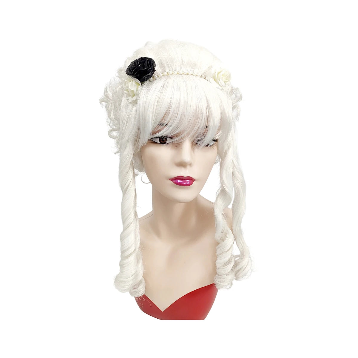 White Premium Synthetic Fiber Curly Wig with Bangs Spiral Curls Side Braids Fluffy Voluminous Updo with Pearl Flower Headband Black White Rose Accessories Lolita Gothic Style Adjustable Cap for Women Girls Cosplay Party Hallo