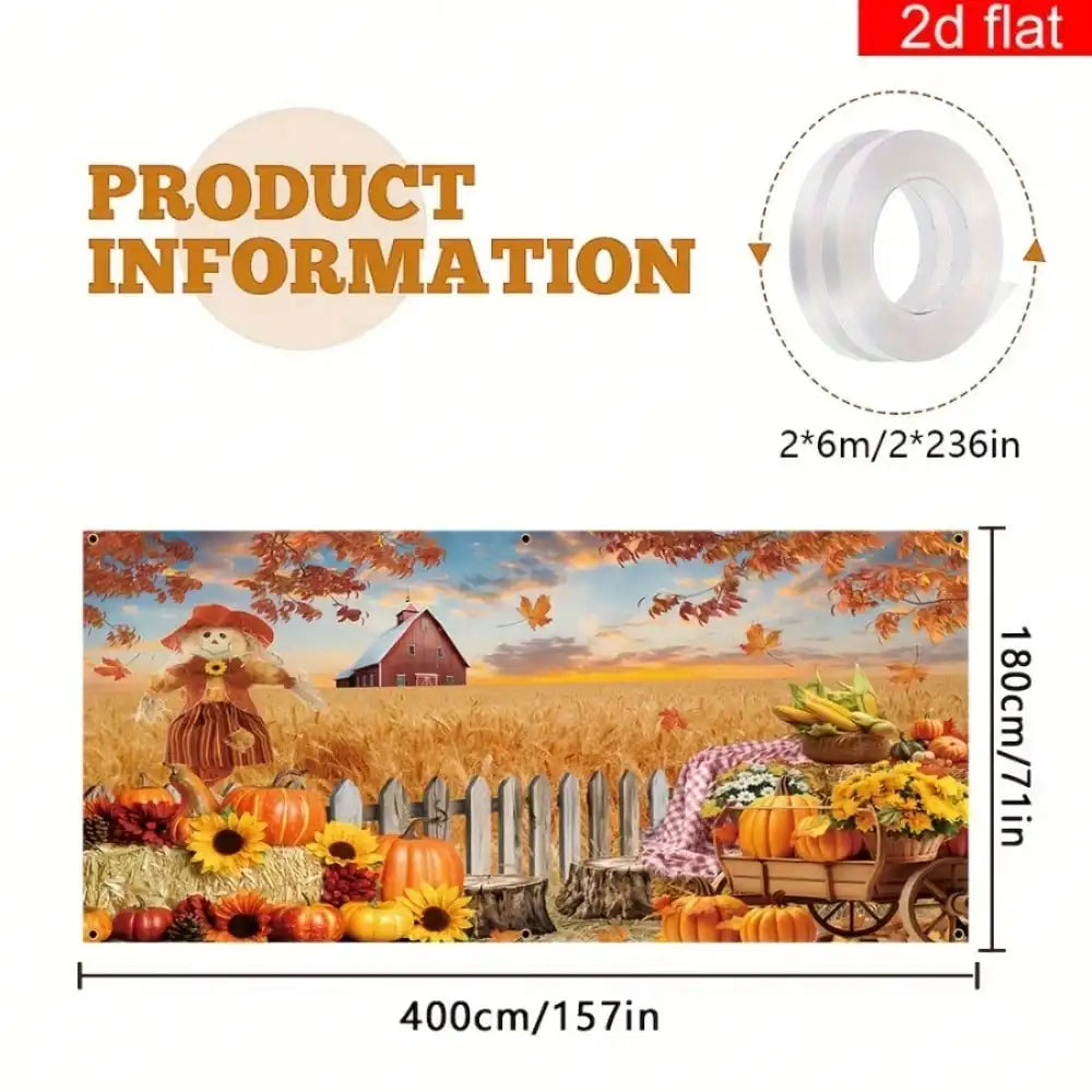 1pc Thanksgiving Fall Harvest Backdrop Banner, 157*71in Large Pumpkin Scarecrow Farm Barn Photo Background Cloth With Balloon Chain, Autumn Thanksgiving Day Party Wall Hanging Decor Supplies