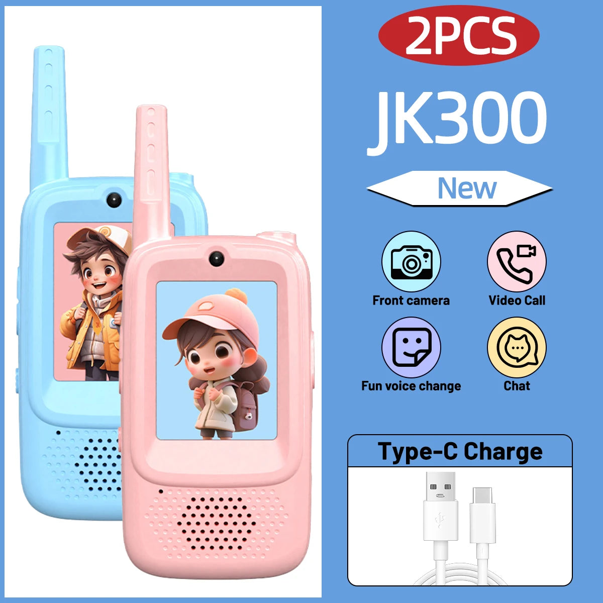 2PCS AIRITON Children's Video Walkie Talkie Selfie Send Voice Photo Emoticons Walkie Talkies For Kids Gift Boys Girls JK300