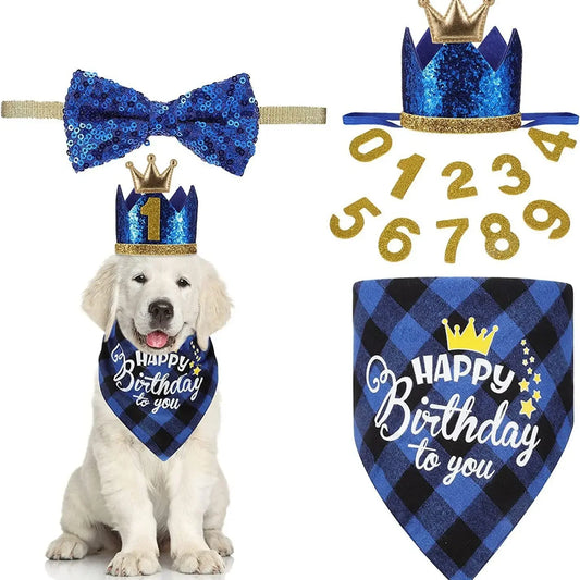 Birthday Themed Cute Pet Bandana, 4 Counts/set Crown Hat Pet & Neck Accessories, Pet Birthday Party Decoration Supplies, Pet Decorations, Costume Outfits
