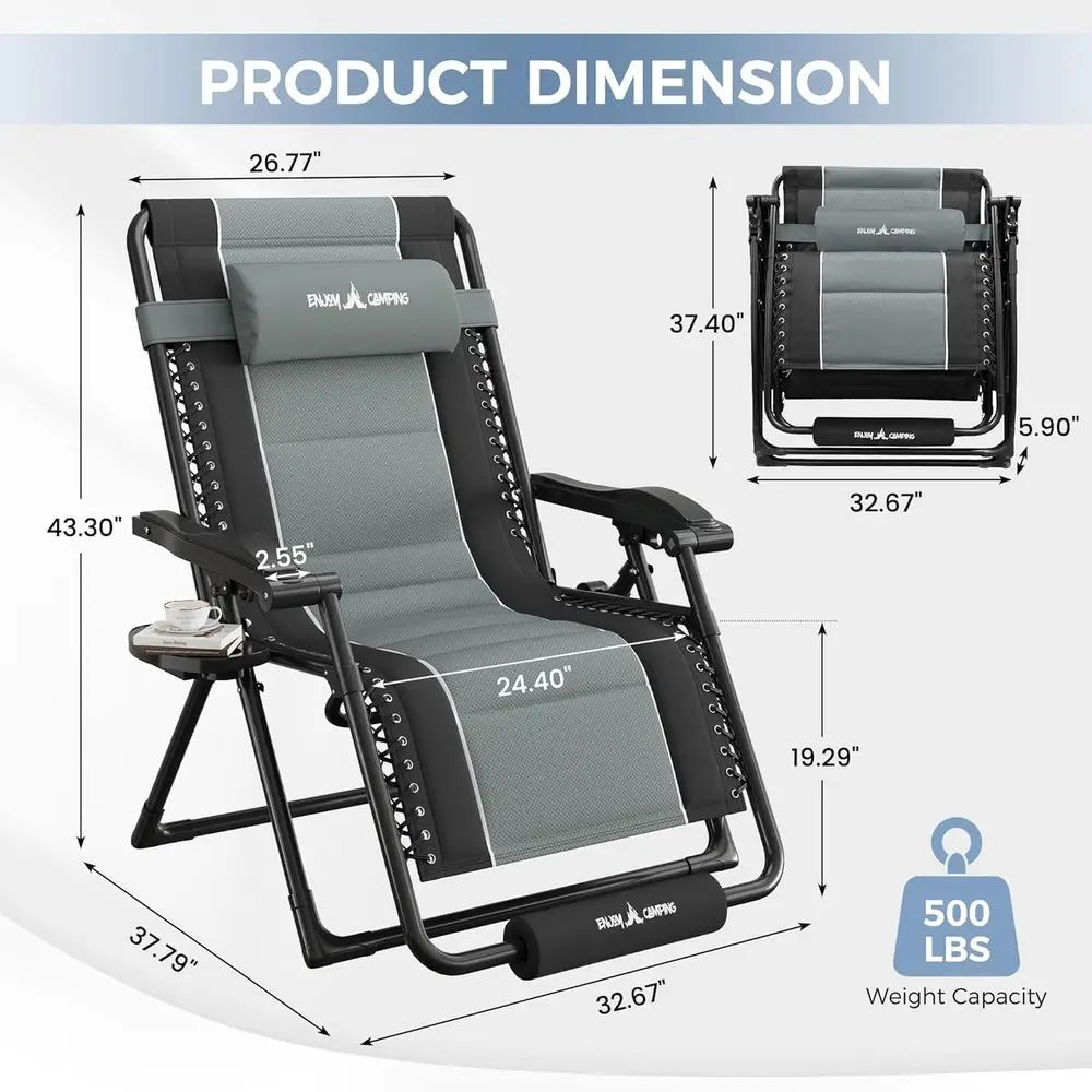2-Piece Oversized Zero Gravity Reclining Chairs, Outdoor Padded Recliners with Cup Holders, Adjustable for Patio, Camping, Black