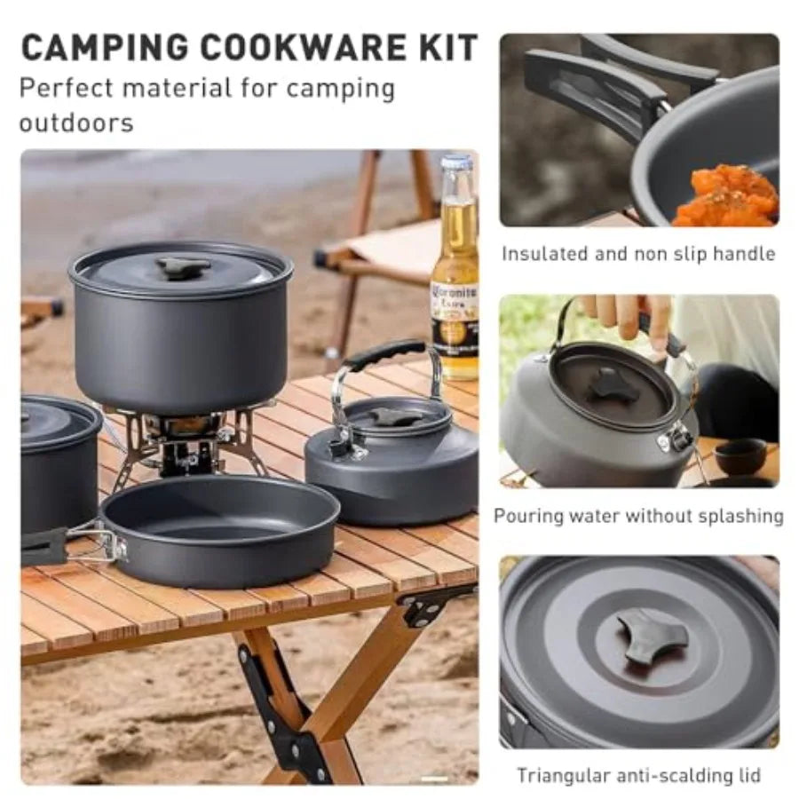Camping Cookware Camping Cooking Set Non-Stick Pots and Pans with Kettle 2 Stainless Steel Plates 2 Water Cups 2 Sets of Knives