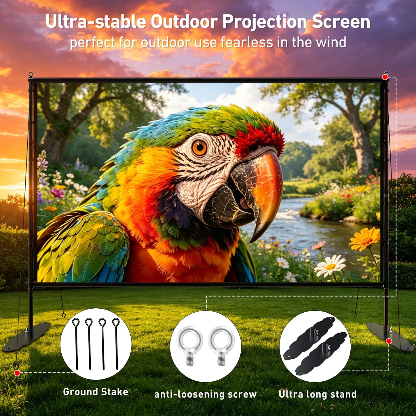 150 inch Projector Screen with Stand for Sports events & Football Match, 16:9 4K HD Portable Outdoor Movie Screen, Wrinkle-Free Foldable Indoor Projection Screen with Carry Bag & Ground Nails for Backyard Cinema Home Theater