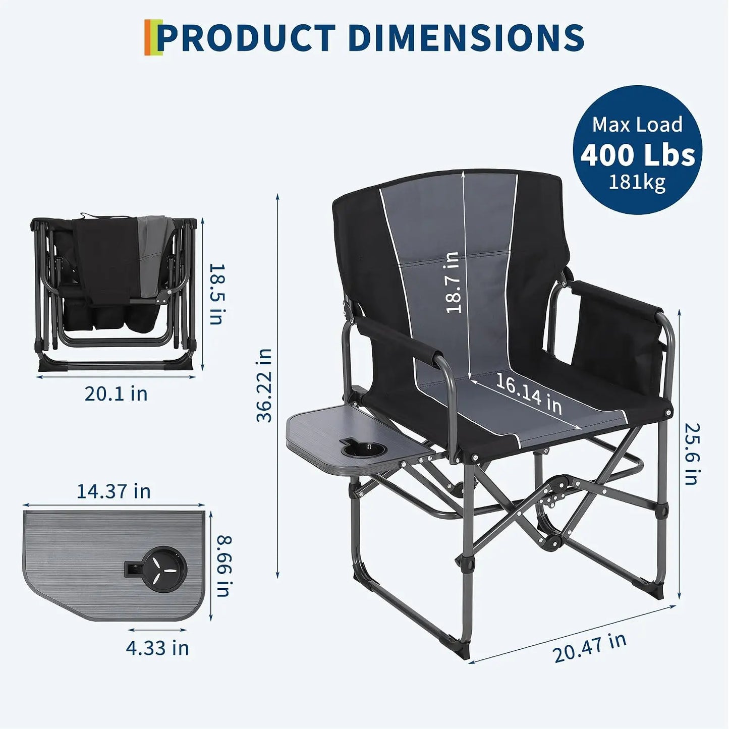 Oversized Camping Directors Chair Folding Lawn Chair For Adults Heavy Duty 330LBS With Side Table Cup Holder Portable Outdoor