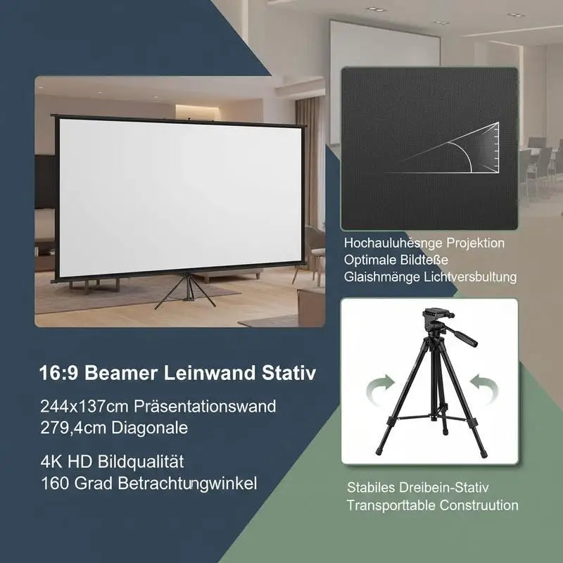 Portable Projection Display 110inch 16:9 4K HD Movie Screen with Tripod For Home Cinema, Outdoor Gaming, Office Presentation, Wrinkle-Free Surface Height Adjustable Manual Folding Structure
