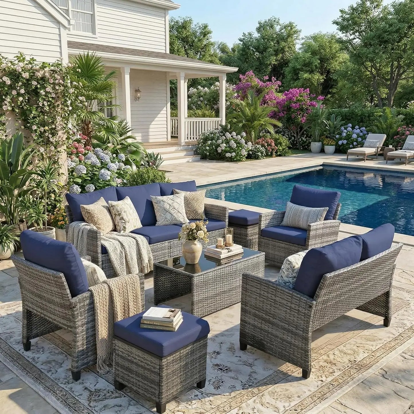 7 Piece Outdoor Wicker Patio Furniture Set, Rattan Sectional Sofa Conversation Set with Coffee Table & Cushions,