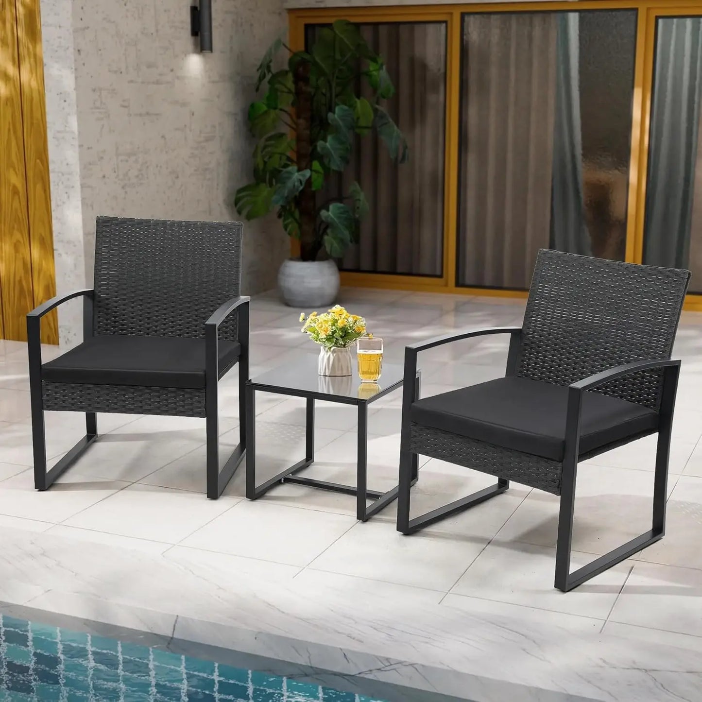 Black Frame Black Cushion 3 Piece Rattan Patio Bistro Set With Coffee Table For Balcony Porch Garden Yard Poolside