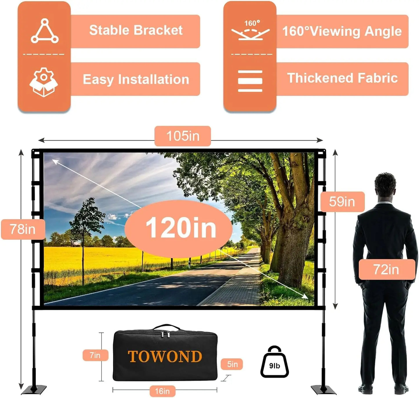 120 Inch Portable Projector Screen with Stand, 16:9 Wrinkle-Free Design for Indoor Outdoor Home Theater
