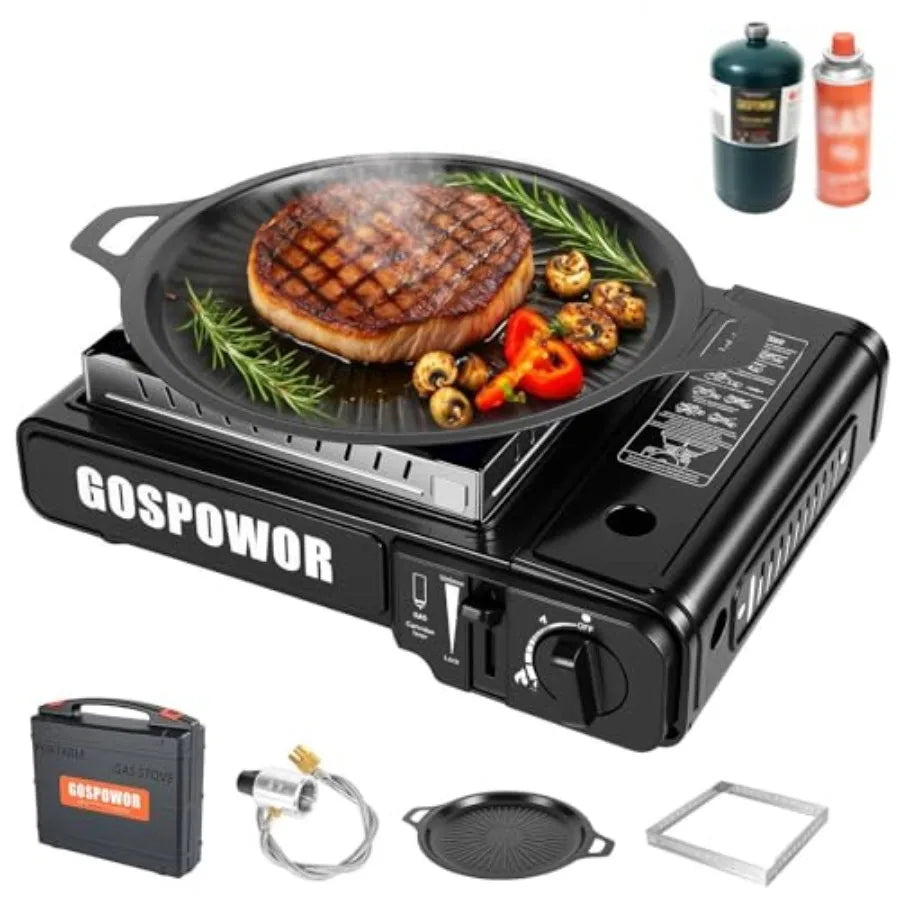 Propane or Butane Stove with Windblocker, Dual Fuel 10, 000 BTU Portable Gas stove for Camping, Automatic Ignition Gas Stove wi
