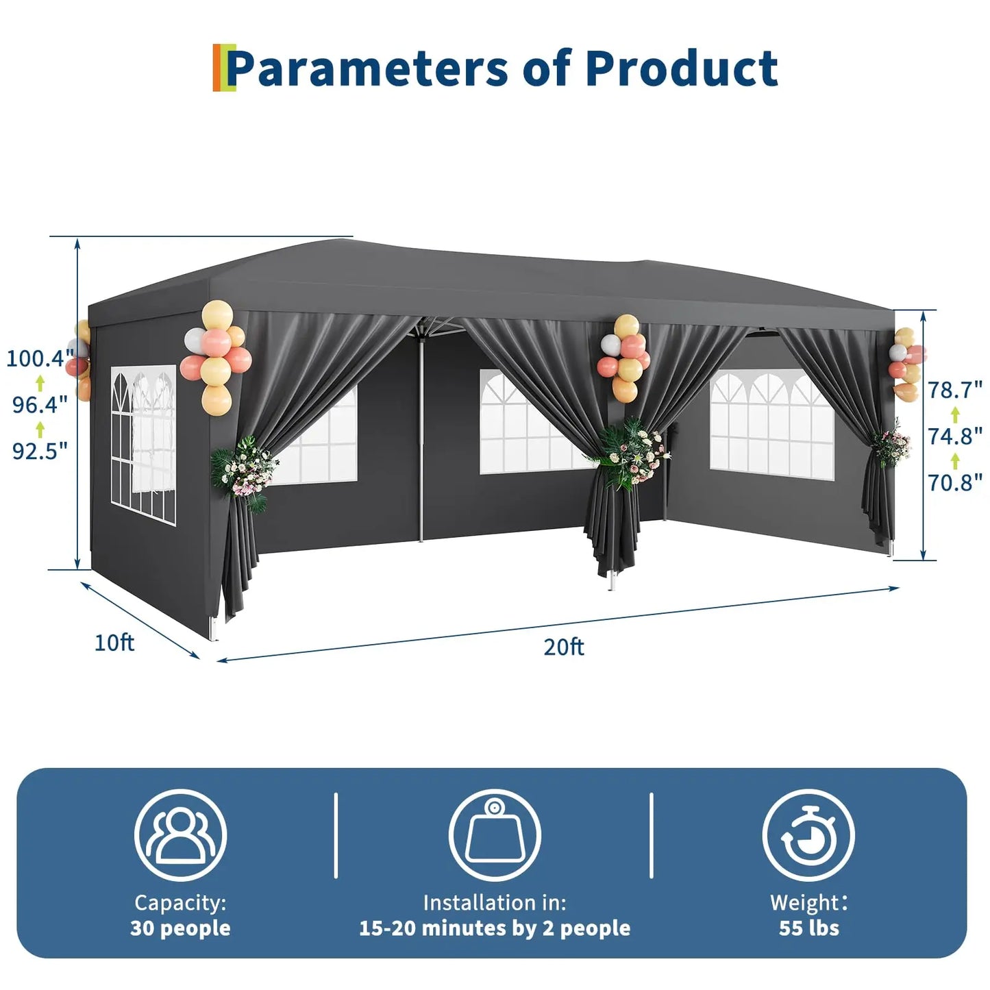 10x20 Pop Up Canopy Tent With 6 Removable Sidewalls, Heavy Duty Commercial Canopy, Waterproof Party Tent, 3 Heights