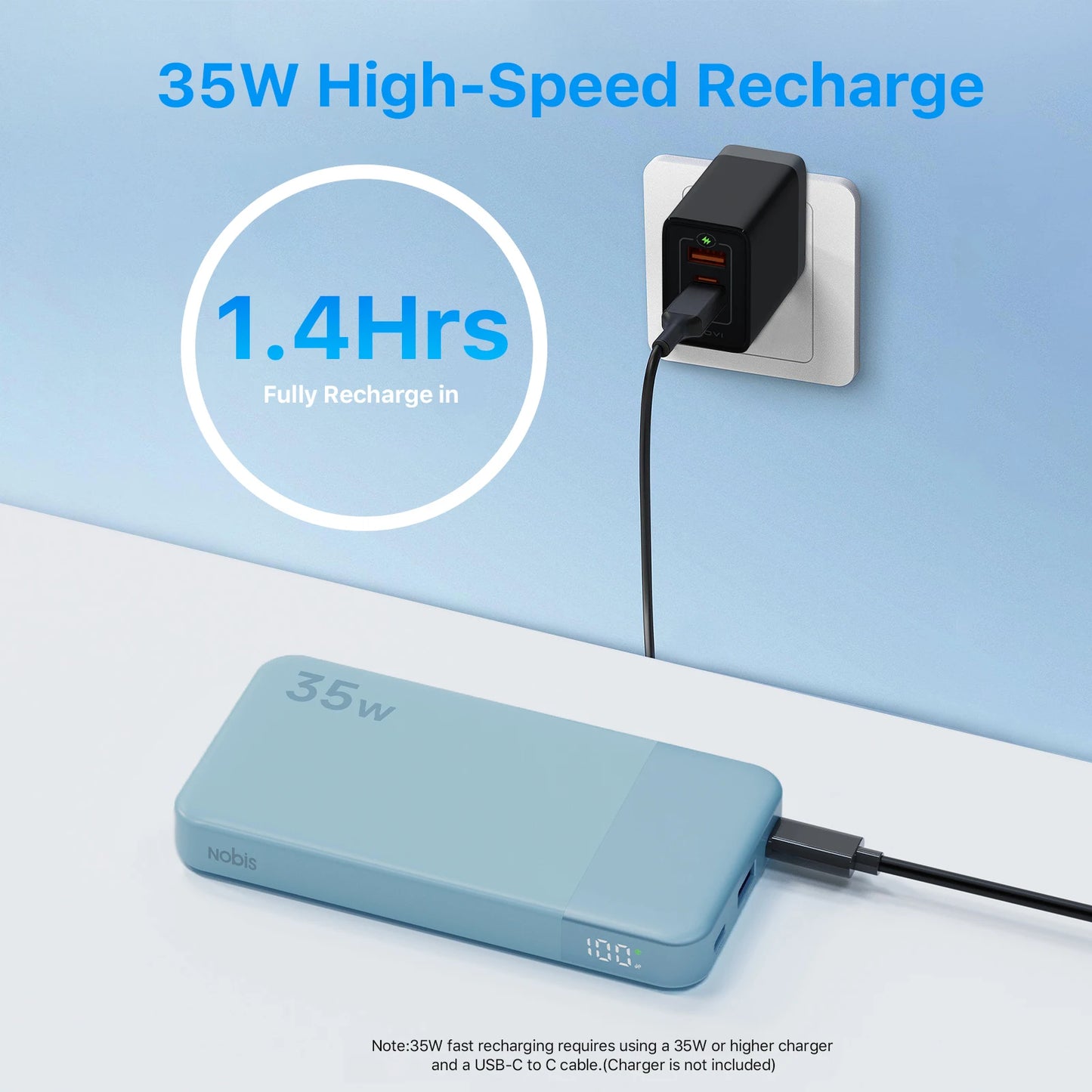 NOBIS N3510 Slim Power Bank 10000mAh Mini Pocket-Sized Smaller Portable Charger External Battery 35W Fast Charging For iPhone