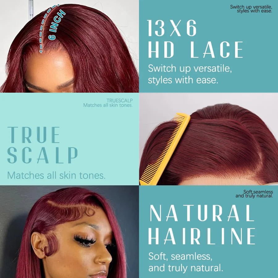 Bone Straight 99J 200% Density 40 Inches 13x6 13x4 HD Transparent Lace Frontal Wig Human Hair Wigs Burgundy Wine Red Pre Plucked For Women Brazilian Hair  Halloween Wig