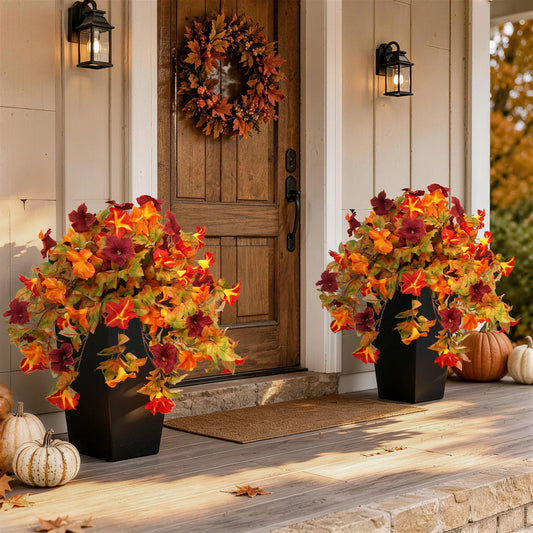 2 Pack Artificial Fall Hanging Flowers in Black Pot, Faux Autumn Morning Glory Plants with Orange Burgundy Leaves, UV Resistant Outdoor Floor Plant for Front Porch Patio Garden Thanksgiving Harvest Fall Home Decor