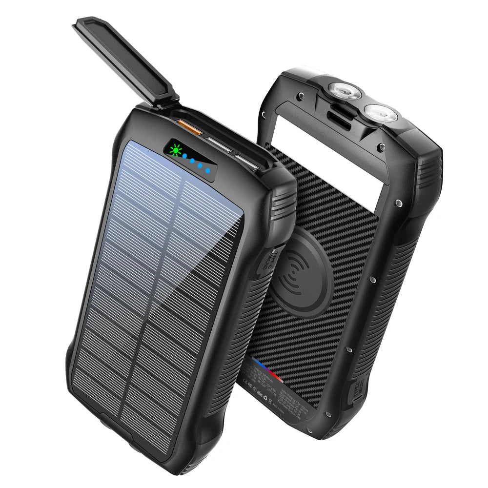 33500mAh Solar Charger Power Bank with 15W Fast Wireless Charging,PD 20W USB-C ,LED Flashlight,Water-Resistant for Outdoor