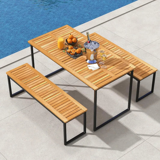 Patio Acacia Wood Dining Table for 6 Person, 55 Inches Rectangle Outdoor Table with Heavy Duty Metal Legs