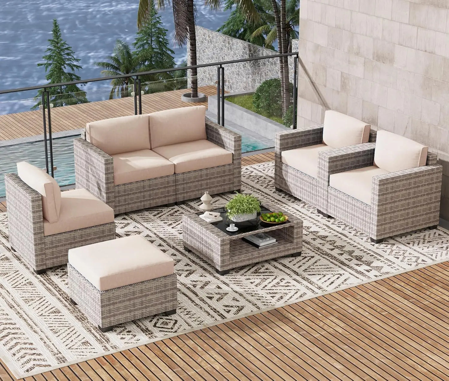 7pc Outdoor Patio Furniture Set Rattan Wicker Sectional Sofa Chairs Glass Table Cushions Brown Customized