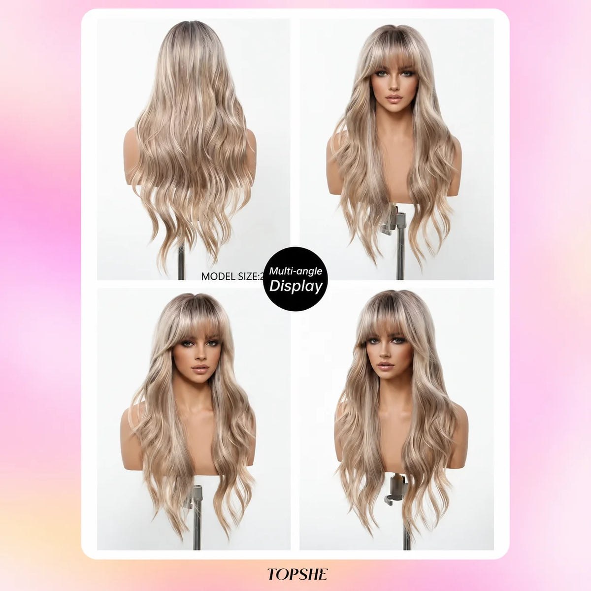 TOPSHE 24 Inch Long Wavy Synthetic Wig with Bangs Ombre Ash Blonde Highlight Dark Root Heat Resistant Fiber Hair Wigs for Women Girls Halloween Costume Party Daily Cosplay Natural Realistic Soft Silky Full Wig
