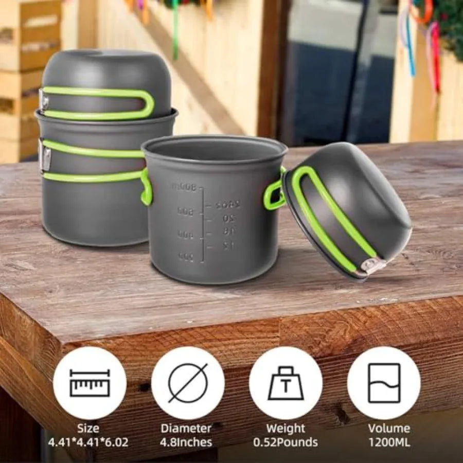Camping Cookware Set, Portable Camping Mess Kit with Non-Stick Pots, Pans Set and Folding Fork, Lightweight Backpacking cookwar