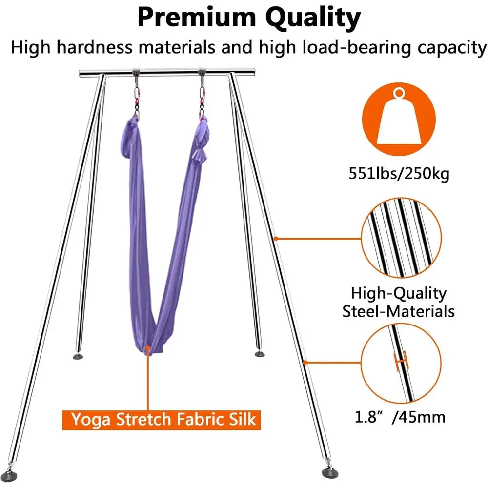 Adjustable Height Aerial Yoga and Hammock Stand with 18ft Silk, 550lbs Capacity