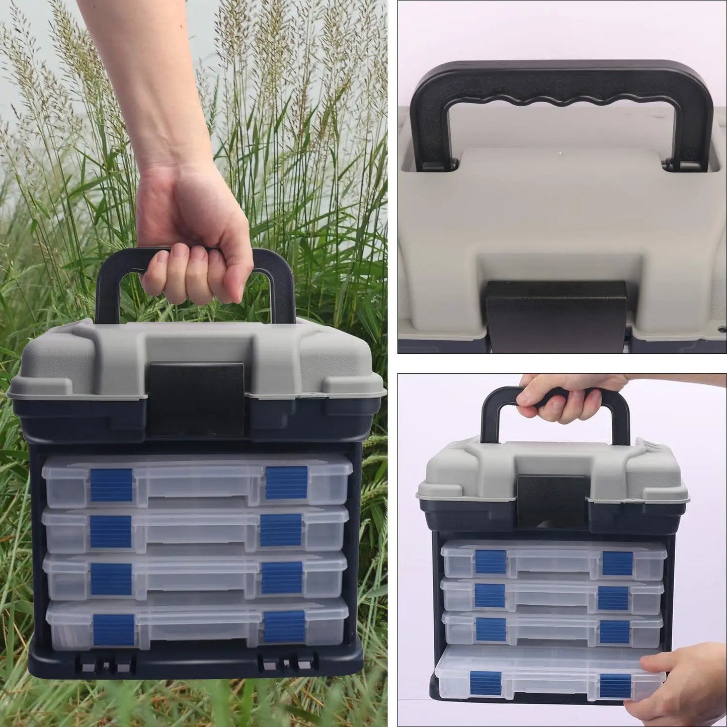 YJ Fishing Tackle Box Kit with Fishing Pliers 4-Tier Multi-Functional Fishing Handheld Storage Box Adjustable Dividers Portable Fishing Tackle Lure Tool Box Arts Crafts