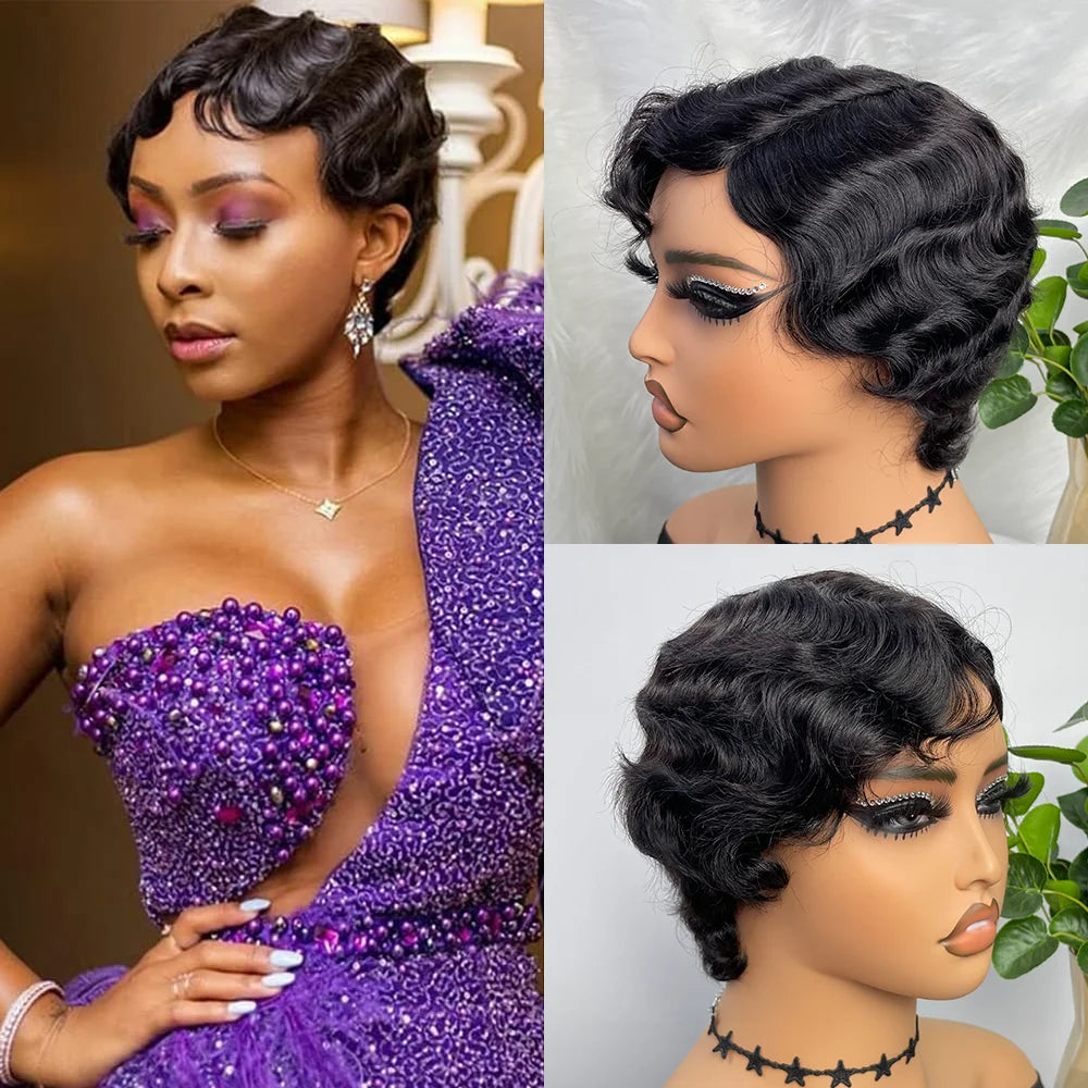 Finger Wave Wig Short Mommy Hair Curly Wigs for Black Women Lady Wig Cosplay Costume Halloween Party Pixie Cut Wig Human Hair