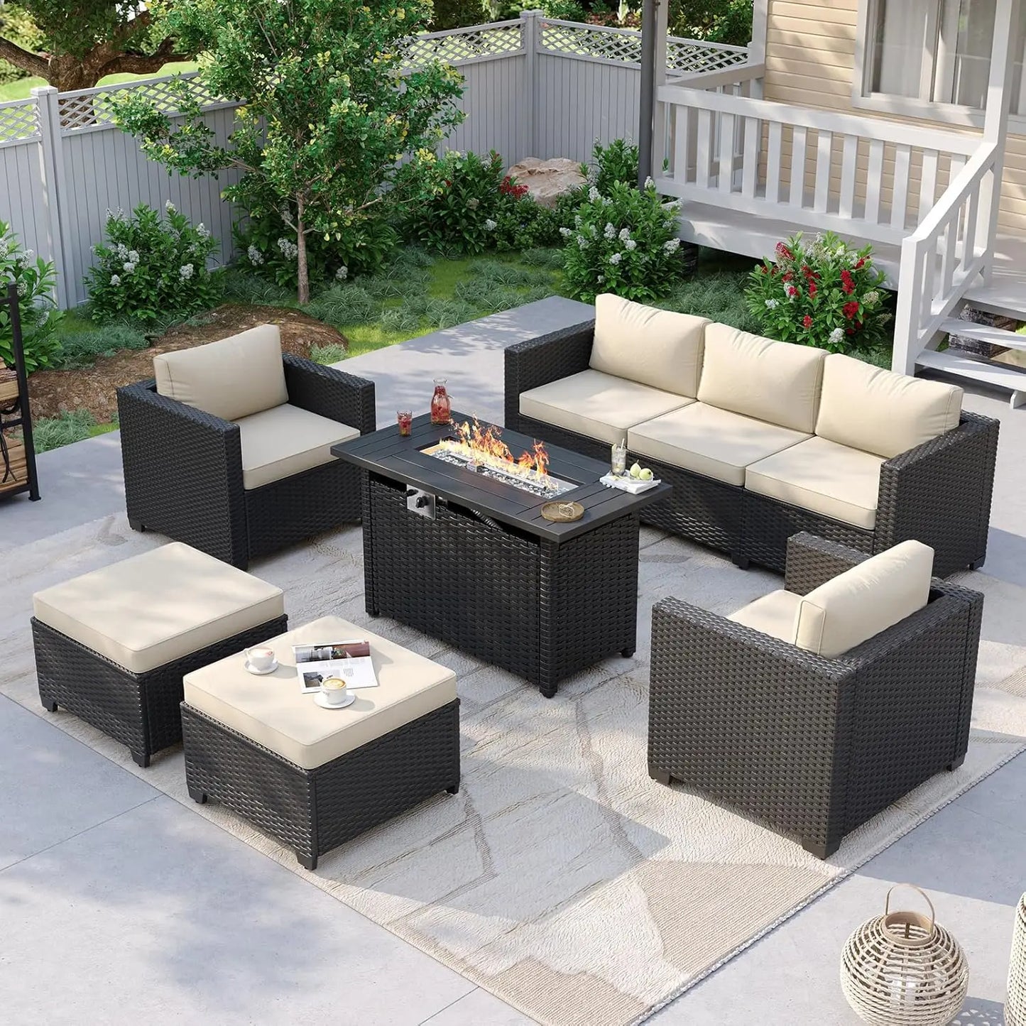 Patio Furniture Set with Fire Pit Table, 6 Piece Outdoor Furniture Set with Wicker Ottomans, Rattan Outdoor, Customized