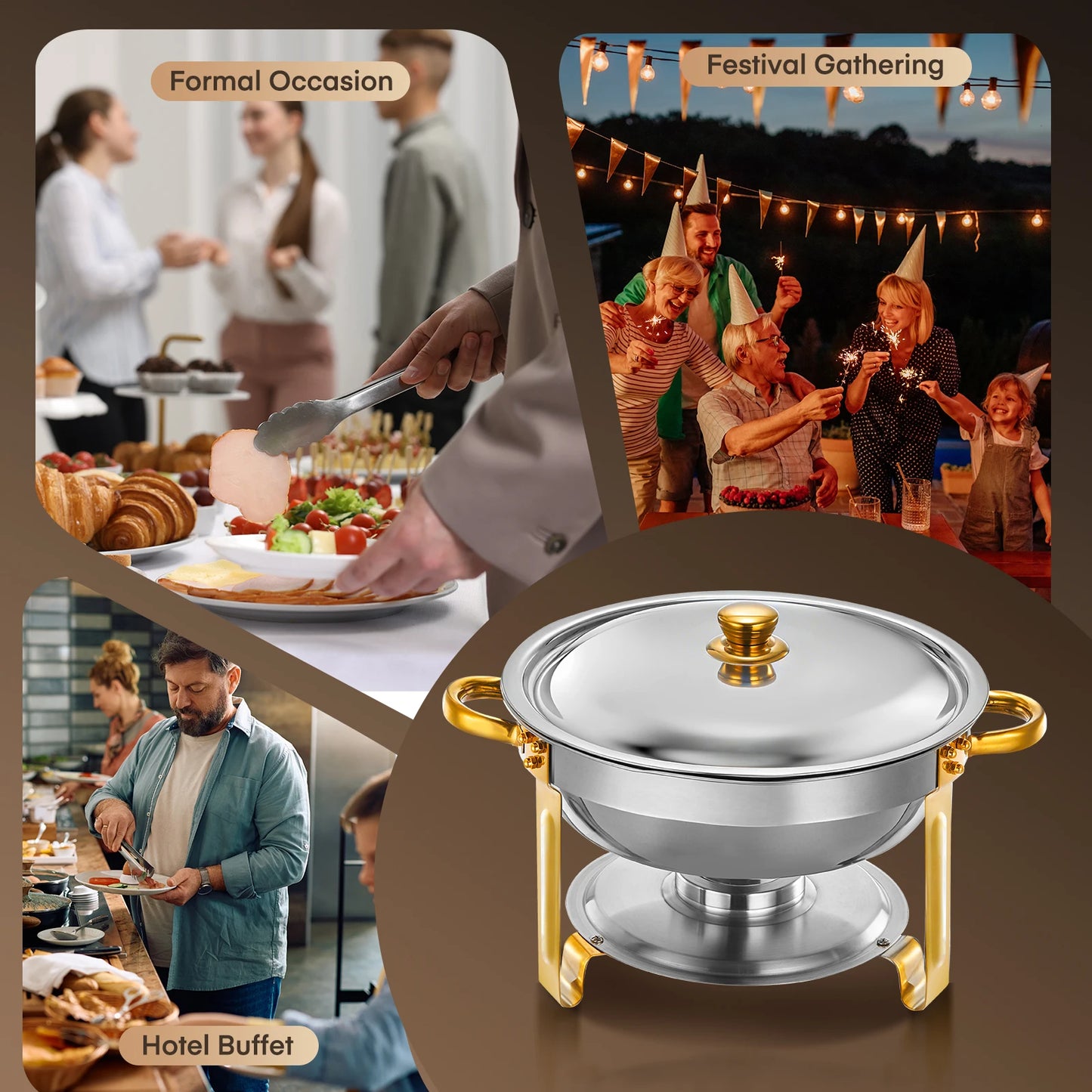 Chafing Dish Buffet Set 4Pack, 6QT Round Stainless Steel with Gold & Silver Accent | 4 Food Pans & Lids, Heating and Cooling Servers, Warmers for Parties Wedding Catering Banquets Family Gatherings