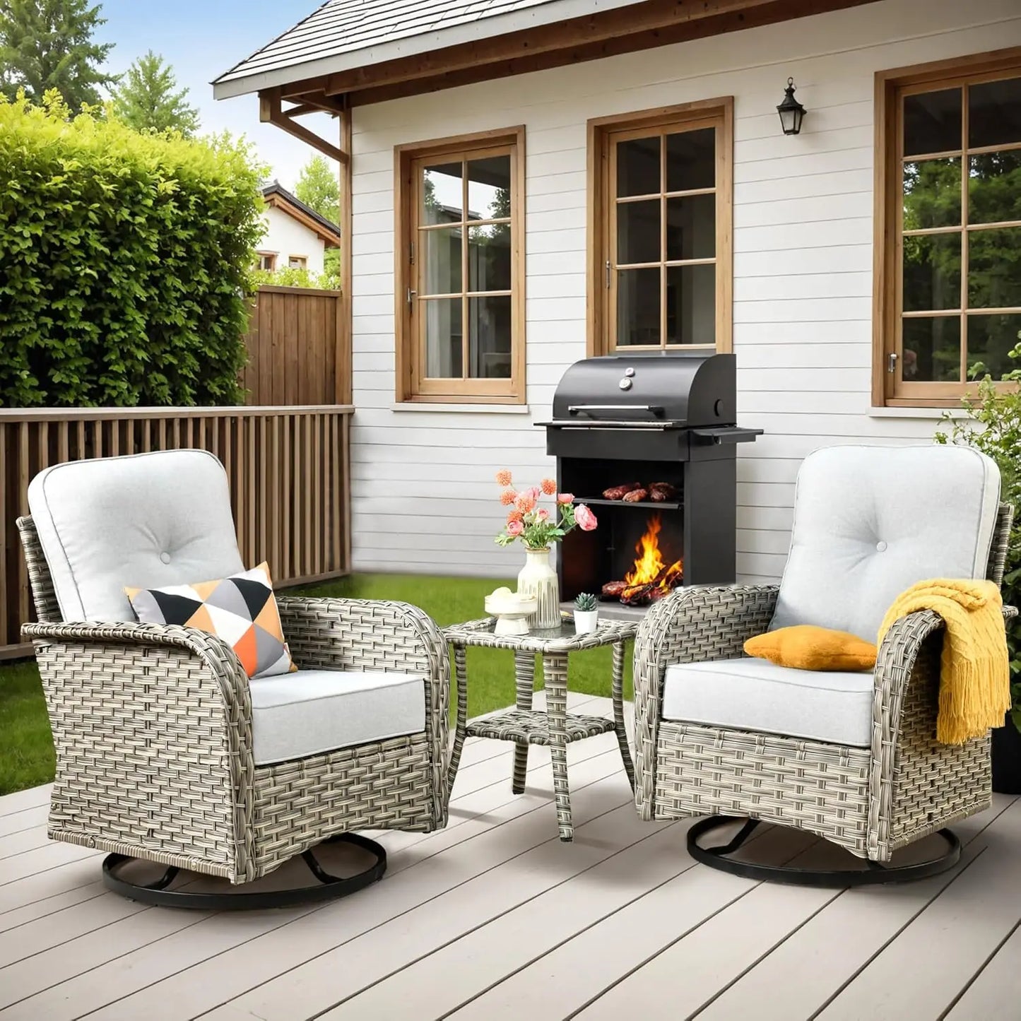 All-Weather Wicker Swivel Rocker Patio Chair Set of 2 with Coffee Table for Deck Porch Balcony Poolside, Customized