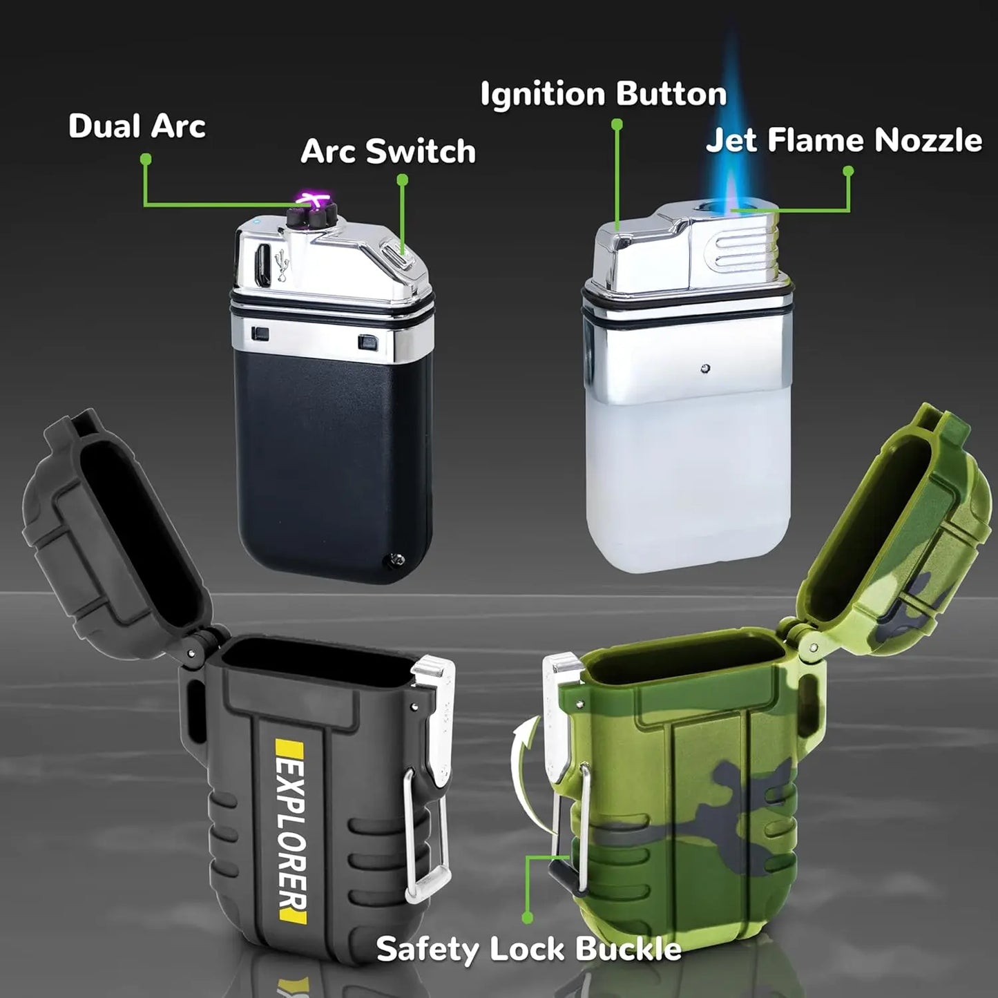 3 Pack Waterproof Windproof USB Rechargeable & Butane Torch Lighters for Camping Hiking Survival Gear