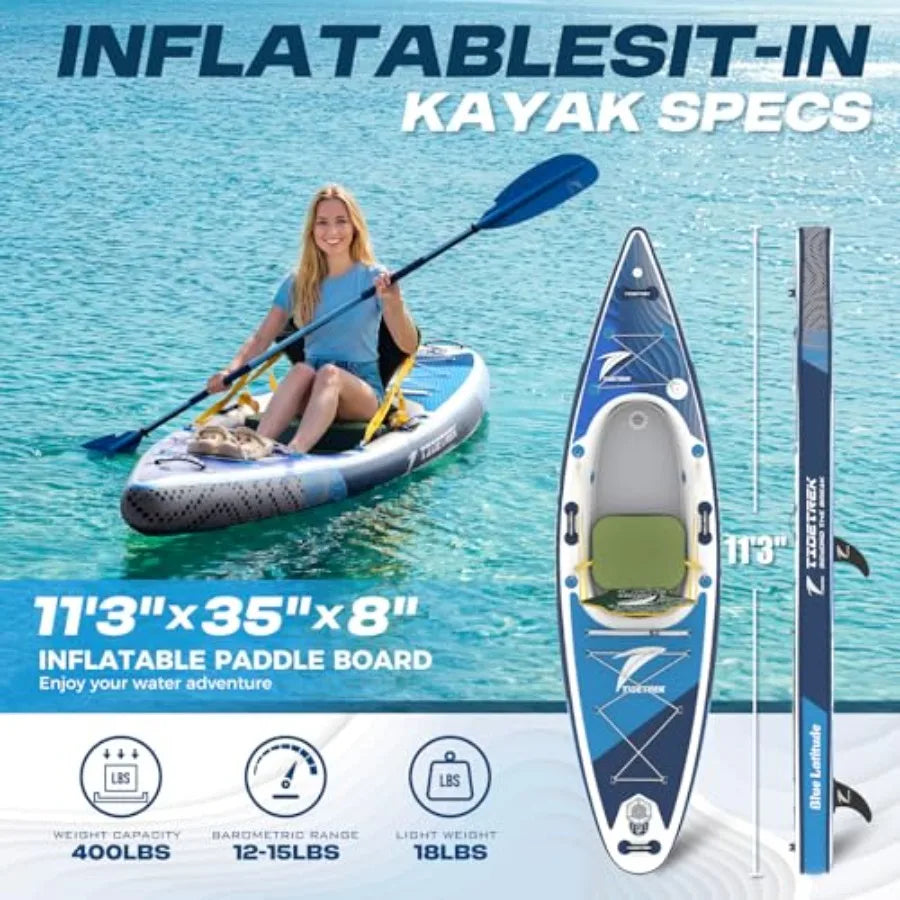 Inflatable Touring Kayak 11'3 x 35 x 8 with Waterproof Seat Premium Accessories Ultra-Stable SUP Kayak Hybrid in Blue Non-Slip