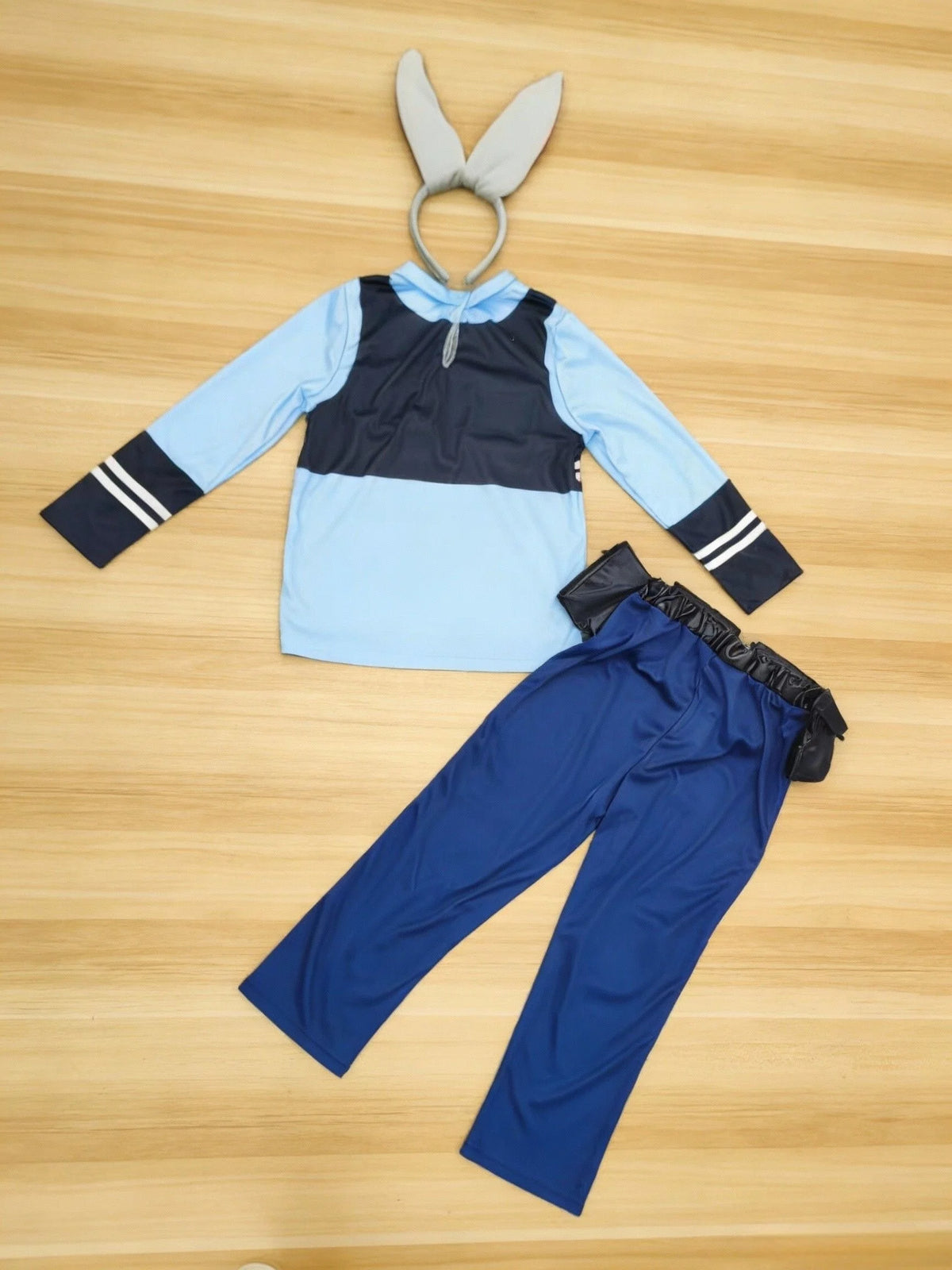 Girls police role play costume set includes long sleeve top, matching trousers and bunny ear headband, suitable for Halloween fancy dress, themed parties and kids stage performances.